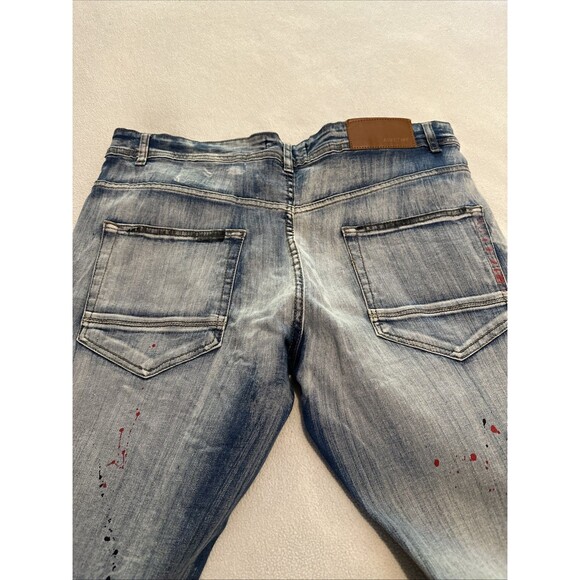 ArkeType Jeans Mens 38x32 Blue Acid Washed Dripped Ripped Distressed Stretch - Picture 10 of 16